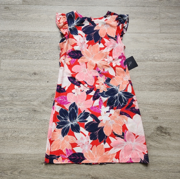 Jessica Howard Floral Linen Dress Womens 4 Pink Red Flutter Sleeve Sheath - Picture 1 of 12